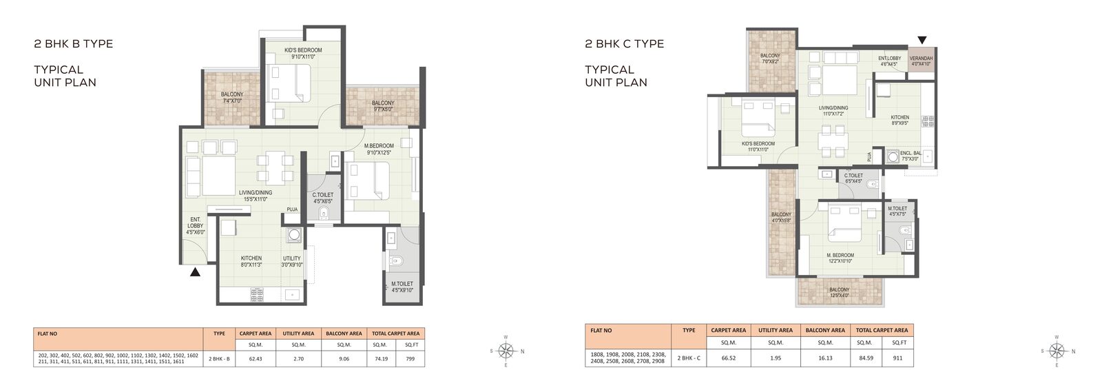 2 BHK B Type and C Type unit plan