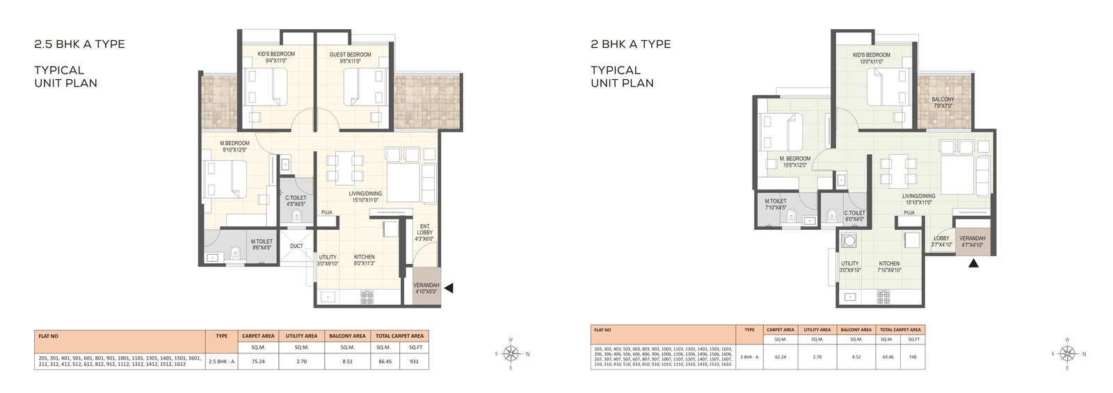 2.5 BHK A Type and 2 BHK A Type unit plan